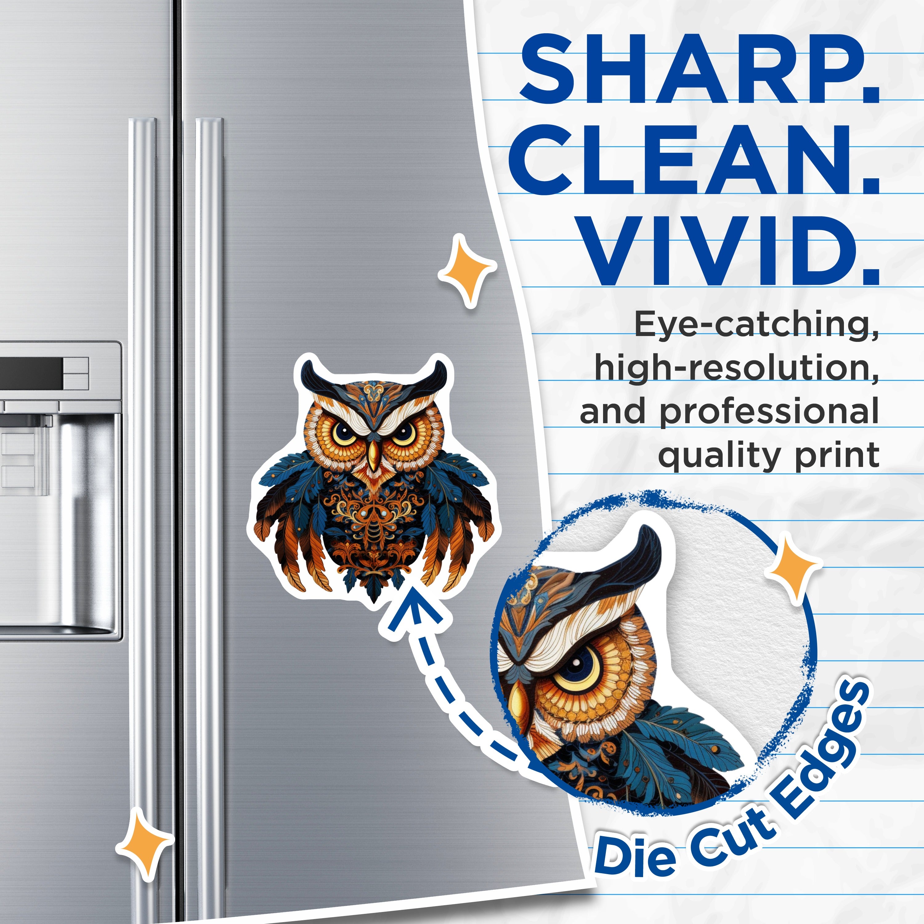 (2 Pack) Blue Gold Owl Magnets - Intricate Mandala Folk Art - Spiritual Wisdom Kitchen Decor - 5 Inches On Longest Side - Thick Durable Magnet - Made in USA - MAG36652