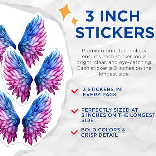 (3 Pack) Angel Wings Decals - Colorful Feathered Wings - Laptop Decals- 3 Inches On Longest Side - Easy Peel & Apply - Made in USA - 3MCS5258