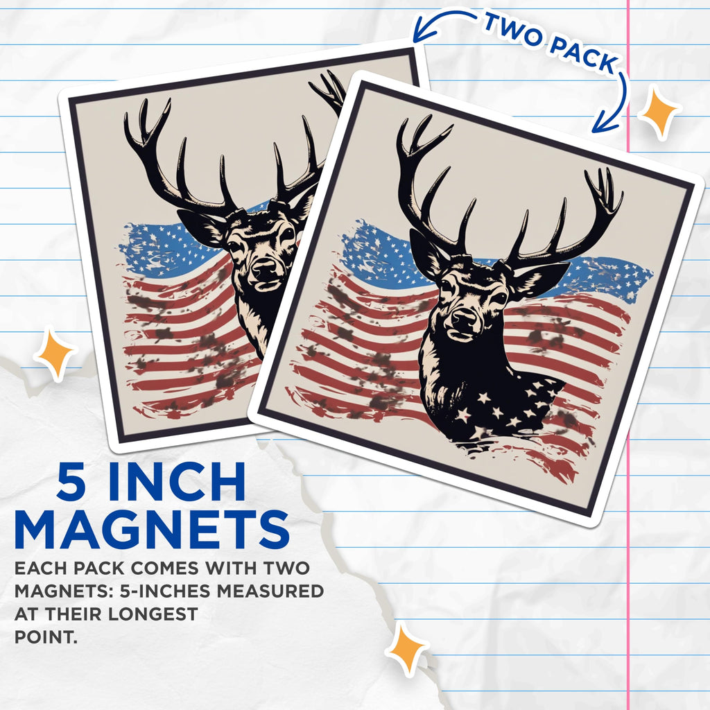 (2 Pack) Patriotic Deer Magnets - American Flag Buck Decor - Hunter Refrigerator Magnets - 5 Inches On Longest Side - Thick Durable Magnet - Made in USA - MAG19697