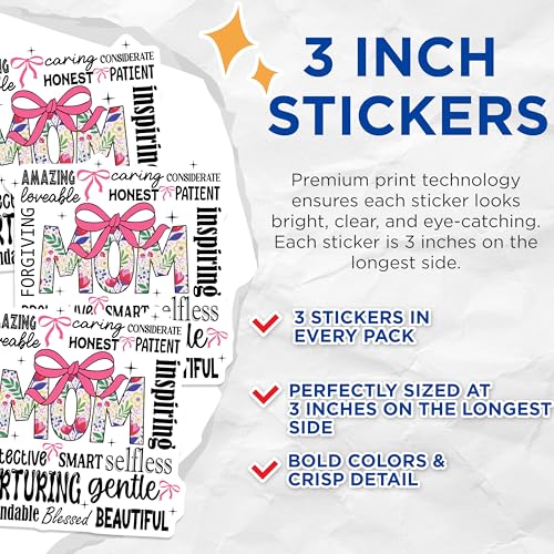 (3 Pack) Floral Mom Decals - Mother's Day - Loving Mother Decals - 3 Inches On Longest Side - Easy Peel & Apply - Made in USA - 3MCS8326