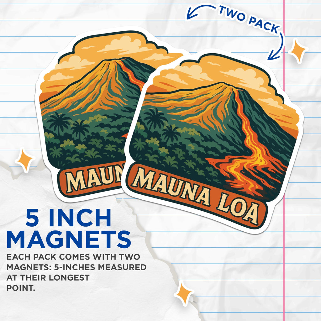 (2 Pack) Mauna Loa Magnets - Hawaiian Volcano Decor - Vibrant Lava Flow Art - Big Island Travel Souvenir - 5 Inches On Longest Side - Thick Durable Magnet - Made in USA - MAG19546