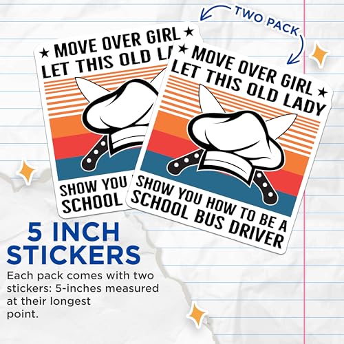 (2 Pack) School Bus Driver Stickers - Funny Old Lady Stickers - Humorous Driver Stickers - 5" On Longest Side - Sticks to Smooth Flat Surfaces - Made in USA - BMCS5178