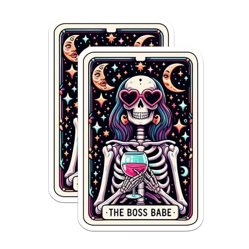(2 Pack) The Boss Babe Stickers - Skeleton Holding Wine Stickers - Funny Retro Halloween Stickers - 5" On Longest Side - Sticks to Smooth Flat Surfaces - Made in USA - BMCS5358