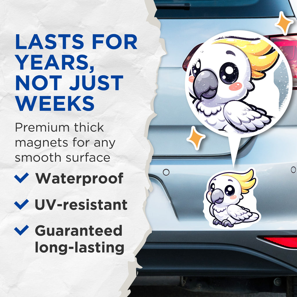 (2 Pack) Cute Cockatoo Magnets - Kawaii Bird Fridge Decor - Chibi Parrot Locker Accent - 5 Inches On Longest Side - Thick Durable Magnet - Made in USA - MAG37986