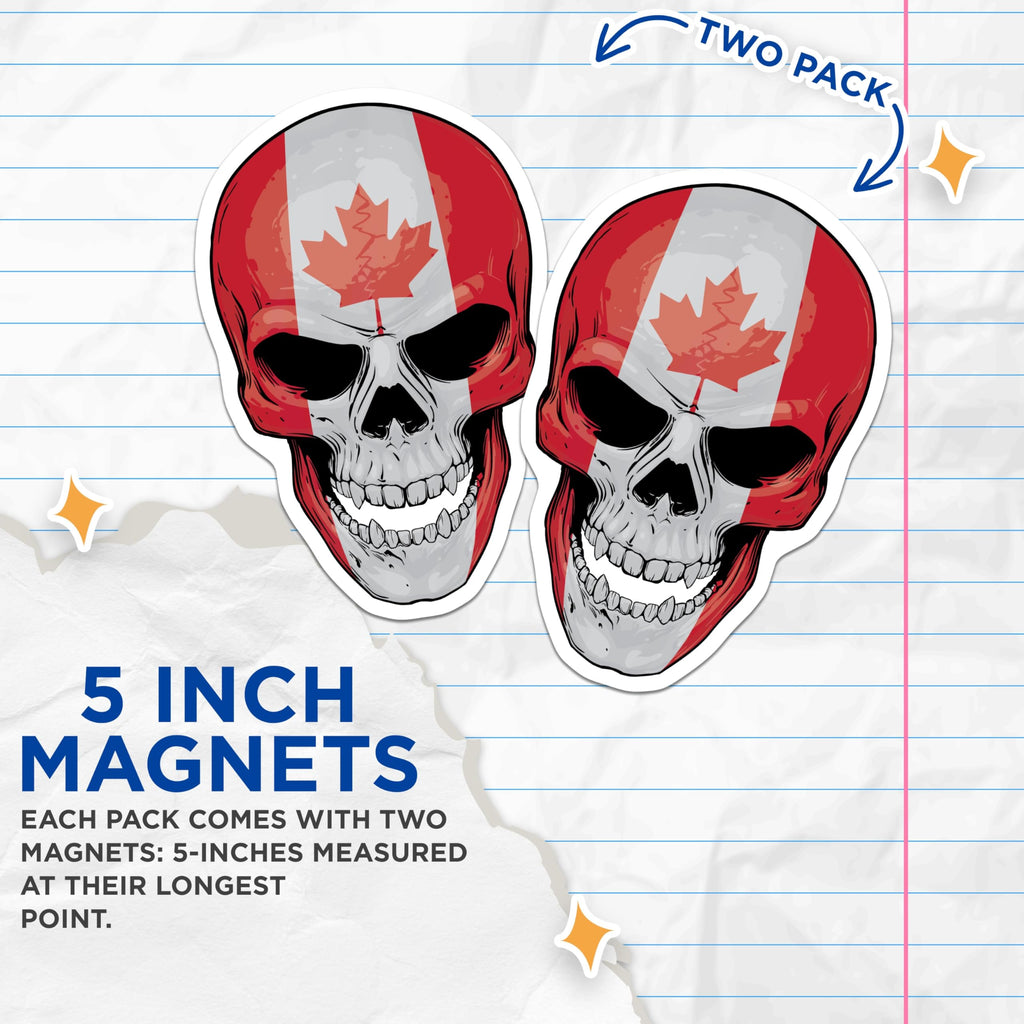 (2 Pack) Canada Skull Magnets - Canadian Pride Decor - Maple Leaf Country Flag Memorabilia - 5" On Longest Side - Premium Magnet - for Cars, Refrigerators, Toolboxes, Lockers - Made in USA - MAG18241
