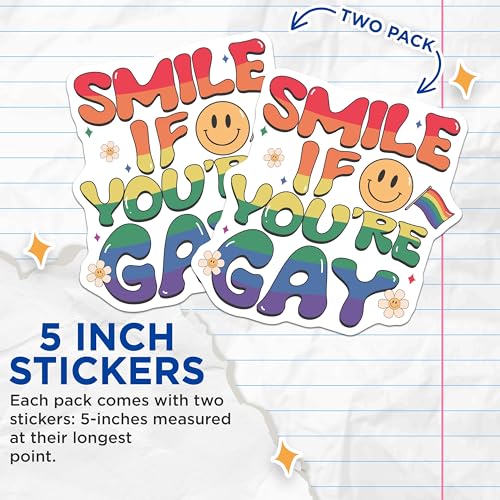 (2 Pack) Smile If You're Gay Stickers - LGBTQ Pride Stickers - Rainbow Flag Sticker - Gay Pride Decal - 5" On Longest Side - Sticks to Smooth Flat Surfaces - Made in USA - BMCS5864