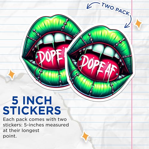 (2 Pack) Dope AF Stickers - Cool Lips Stickers - Bold Graphic Stickers - 5" On Longest Side - Sticks to Smooth Flat Surfaces - Made in USA - BMCS4562