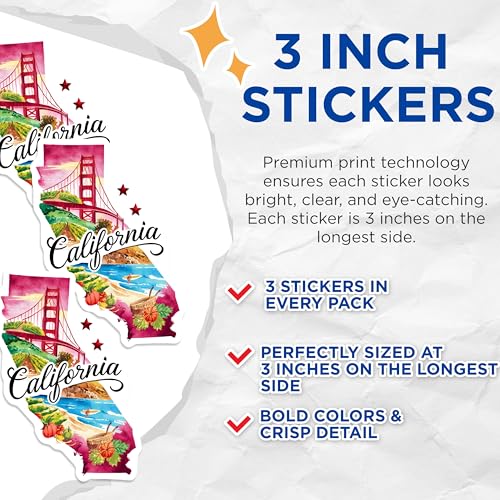 (3 Pack) California Decals - Golden Gate Bridge - Surfing Beach State Pride - Laptop Decals- 3 Inches On Longest Side - Easy Peel & Apply - Made in USA - 3MCS5071