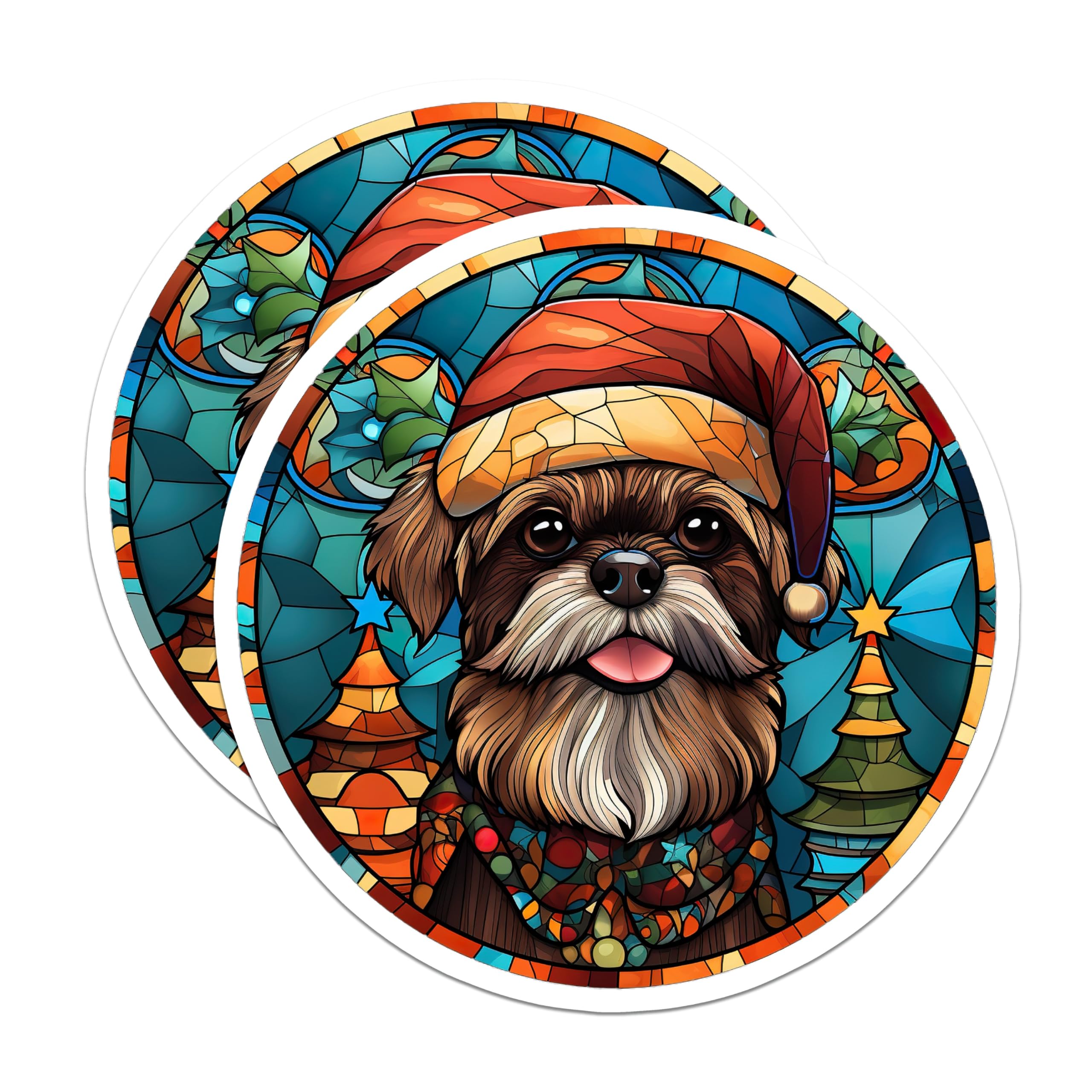 (2 Pack) Shih Tzu Christmas Magnets - Stained Glass Dog Art - Holiday Pet Lover Decor - Santa Puppy Kitchen - 5 Inches On Longest Side - Thick Durable Magnet - Made in USA - MAG25357