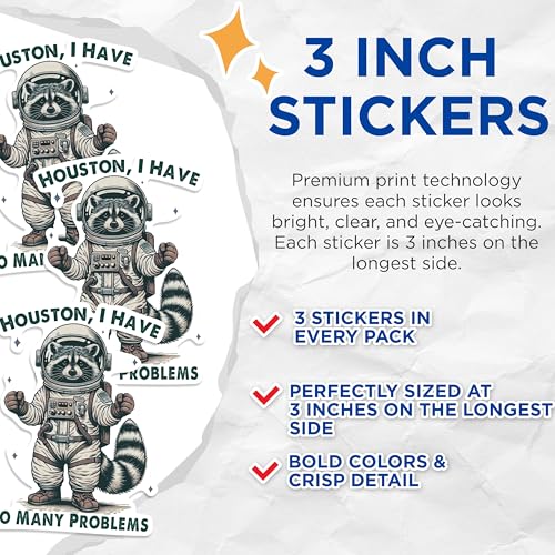 (3 Pack) Astronaut Raccoon Decals - Space Racoon Stickers - Funny Animal Laptop Decal - 3 Inches On Longest Side - Easy Peel & Apply - Made in USA - 3MCS0867