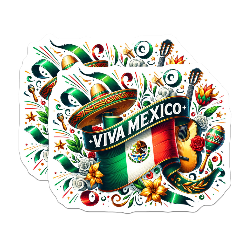 (2 Pack) Viva Mexico Stickers - Mexican Flag - Sombrero Guitar Maracas - 5" On Longest Side - Sticks to Smooth Flat Surfaces - Made in USA - BMCS6903