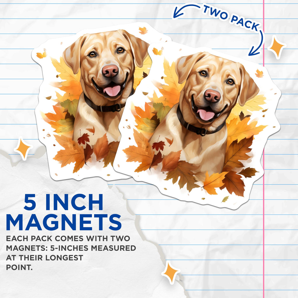 (2 Pack) Happy Golden Retriever Magnets - Autumn Fall Leaves Decor - Dog Lover Home Accessory - 5 Inches On Longest Side - Thick Durable Magnet - Made in USA - MAG26294