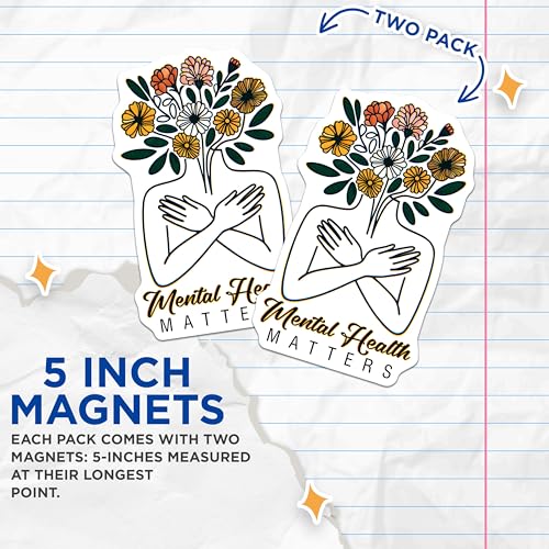 (2 Pack) Mental Health Matters Magnets - Inspirational Flower Art - Positivity Home Decor - 5" On Longest Side - for Cars, Fridges, Toolboxes - Made in USA - MAG8243