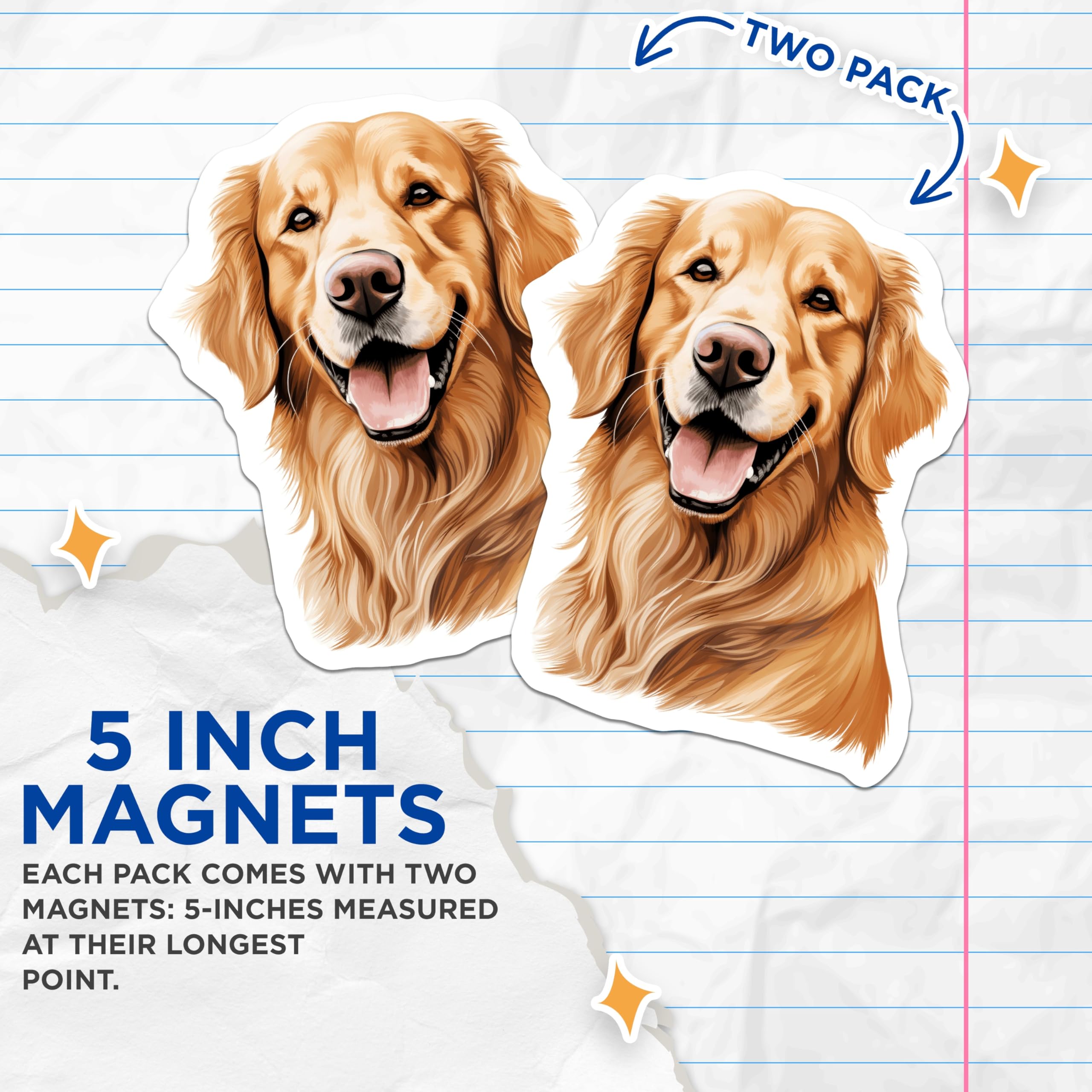 (2 Pack) Golden Retriever Magnets - Happy Dog Art - Pet Lover Decor - Dog Mom Dad Fridge Accessory - 5 Inches On Longest Side - Thick Durable Magnet - Made in USA - MAG27869