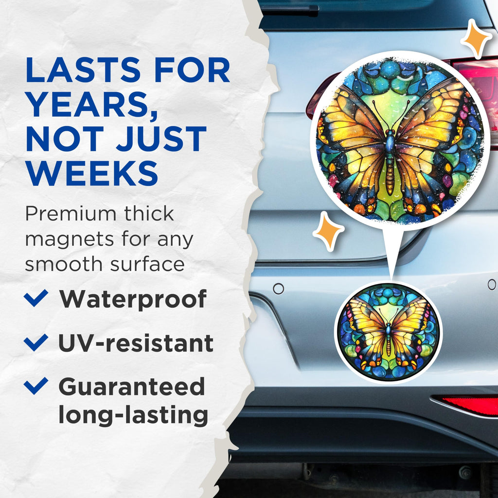(2 Pack) Stained Glass Butterfly Magnets - Vibrant Nature Art Decor - Whimsical Fridge Locker Home Accent - 5 Inches On Longest Side - Thick Durable Magnet - Made in USA - MAG28271