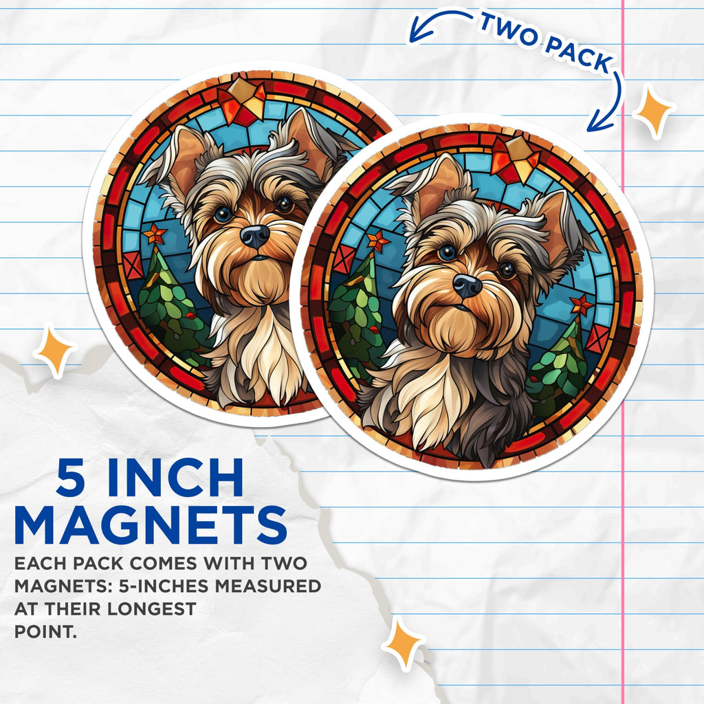 (2 Pack) Yorkshire Terrier Magnets - Stained Glass Dog Art - Christmas Pet Decor - 5 Inches On Longest Side - Thick Durable Magnet - Made in USA - MAG26036