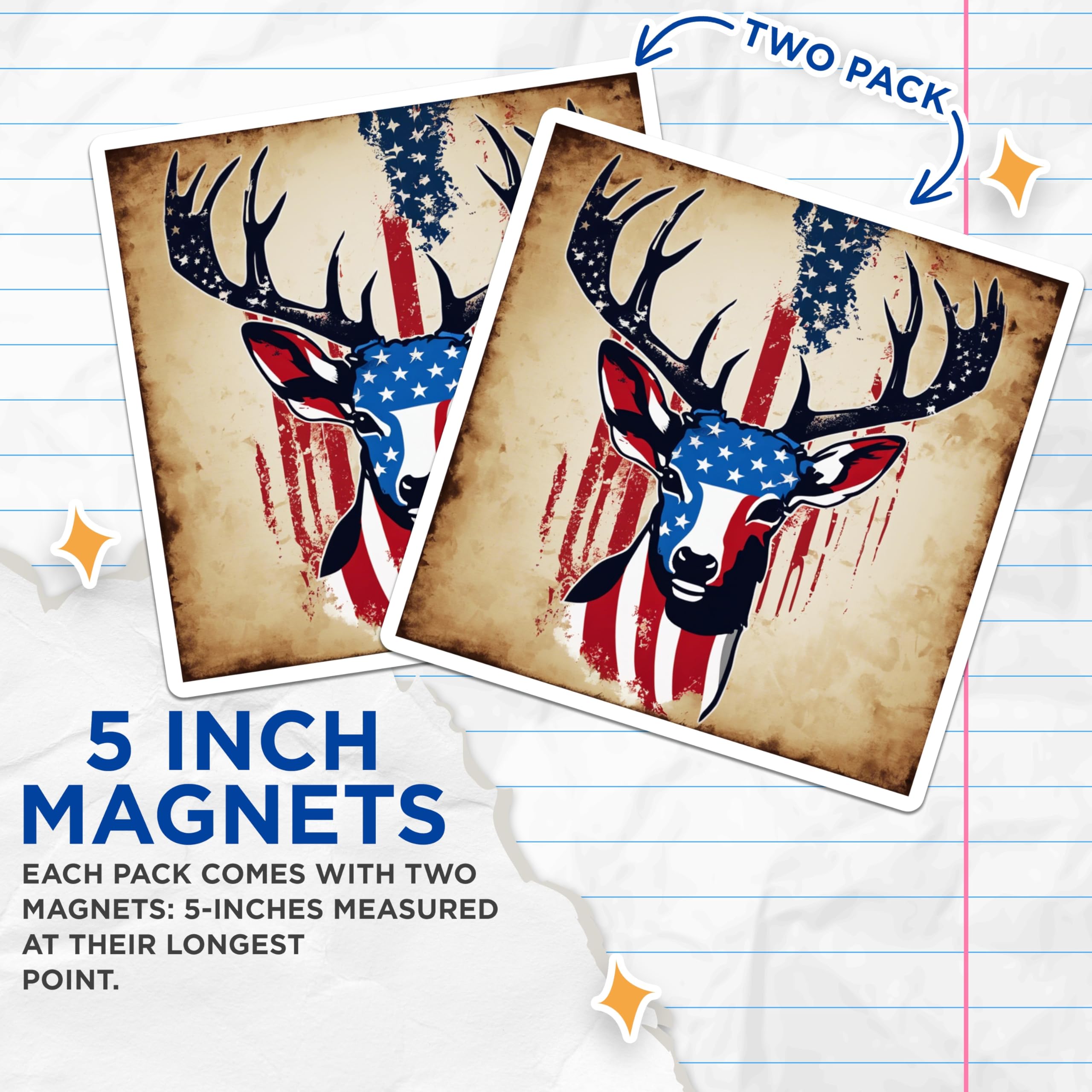 (2 Pack) American Flag Deer Magnets - Patriotic Rustic Wildlife Decor - USA Independence Day Home Display Accent - 5 Inches On Longest Side - Thick Durable Magnet - Made in USA - MAG19630