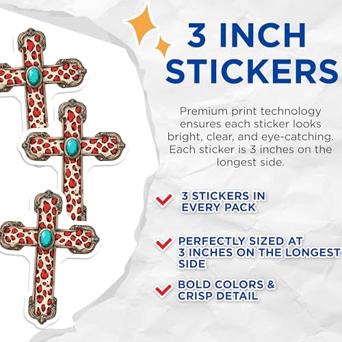 (3 Pack) Turquoise Cross Decals - Leopard Print Decal - Religious Symbol Decal - 3 Inches On Longest Side - Easy Peel & Apply - Made in USA - 3MCS7492