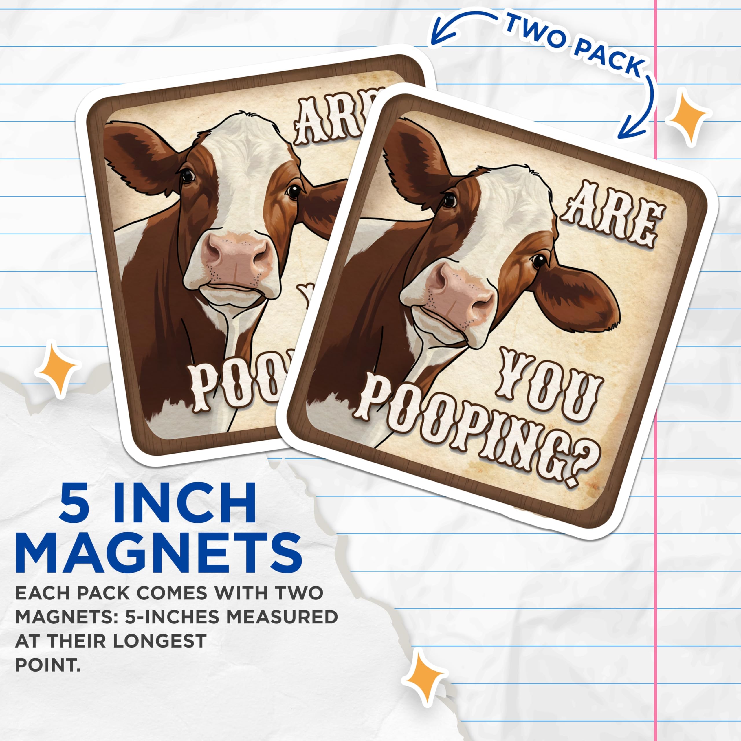 (2 Pack) Funny Cow Magnets - Bathroom Humor Decor - Farm Animal Art Magnets - 5" On Longest Side - Premium Magnet - for Cars, Refrigerators, Toolboxes, Lockers - Made in USA - MAG15826