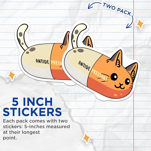 (2 Pack) Cat Pill Stickers - Funny Cat - Cute Animal Art for Laptops - Journals - Water Bottles - Tablets - 5" On Longest Side - Sticks to Smooth Flat Surfaces - Made in USA - BMCS7820