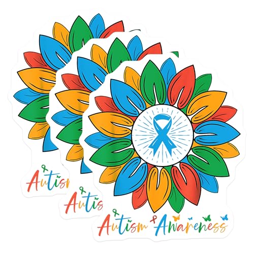 (3 Pack) Autism Awareness Decals - Colorful Sunflower Ribbon - Laptop Decal - 3 Inches On Longest Side - Easy Peel & Apply - Made in USA - 3MCS2349