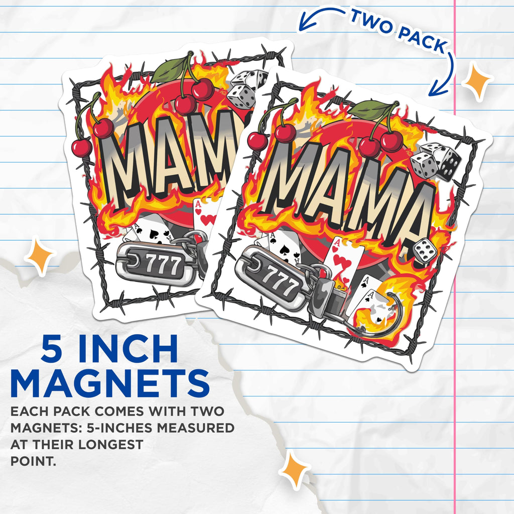 (2 Pack) Edgy Mama Magnets - Rockabilly Style Flaming Cherries Dice - Barbed Wire Lucky 777 Poker Aces Artwork - 5 Inches On Longest Side - Thick Durable Magnet - Made in USA - MAG21102