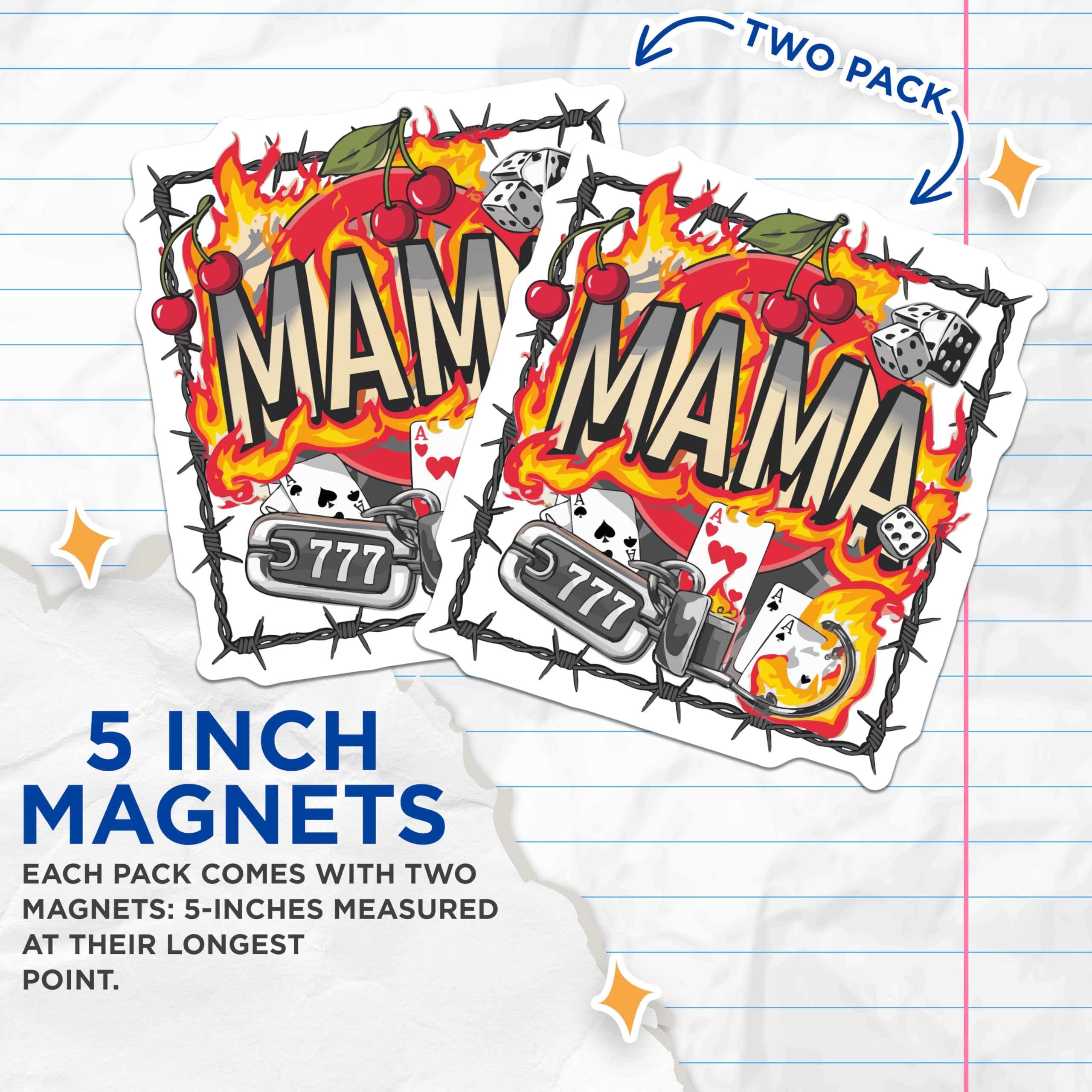 (2 Pack) Edgy Mama Magnets - Rockabilly Style Flaming Cherries Dice - Barbed Wire Lucky 777 Poker Aces Artwork - 5 Inches On Longest Side - Thick Durable Magnet - Made in USA - MAG21102