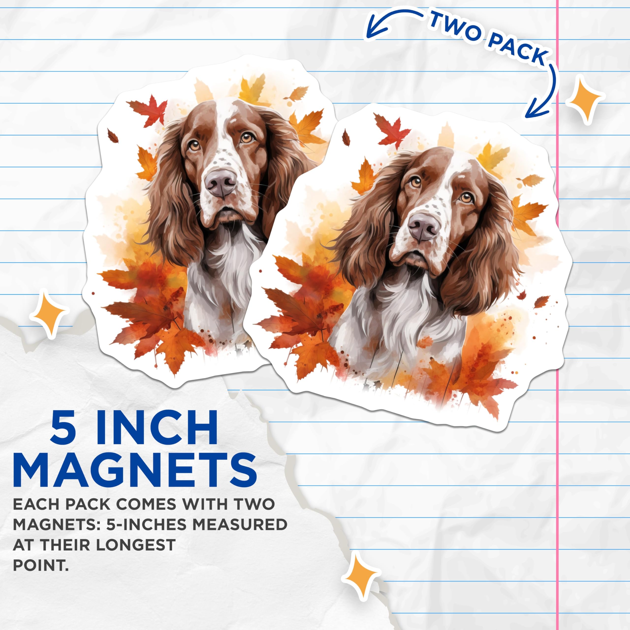 (2 Pack) Springer Spaniel Dog Magnets - Watercolor Autumn Fall Leaves - Pet Lover Fridge Decor - Dog Mom Appreciation - 5 Inches On Longest Side - Thick Durable Magnet - Made in USA - MAG30512