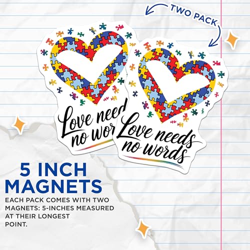 (2 Pack) Love Needs No Words Magnet - Colorful Heart Puzzle Piece - 5" On Longest Side - Sticks to Smooth Flat Surfaces - Made in USA - MAG10063