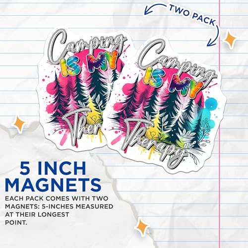(2 Pack) Camping is My Therapy Magnets - Outdoor Adventure Magnets - Nature Lover Magnets - 5" On Longest Side - for Cars, Refrigerators, Toolboxes, Lockers - Made in USA BMCS3275