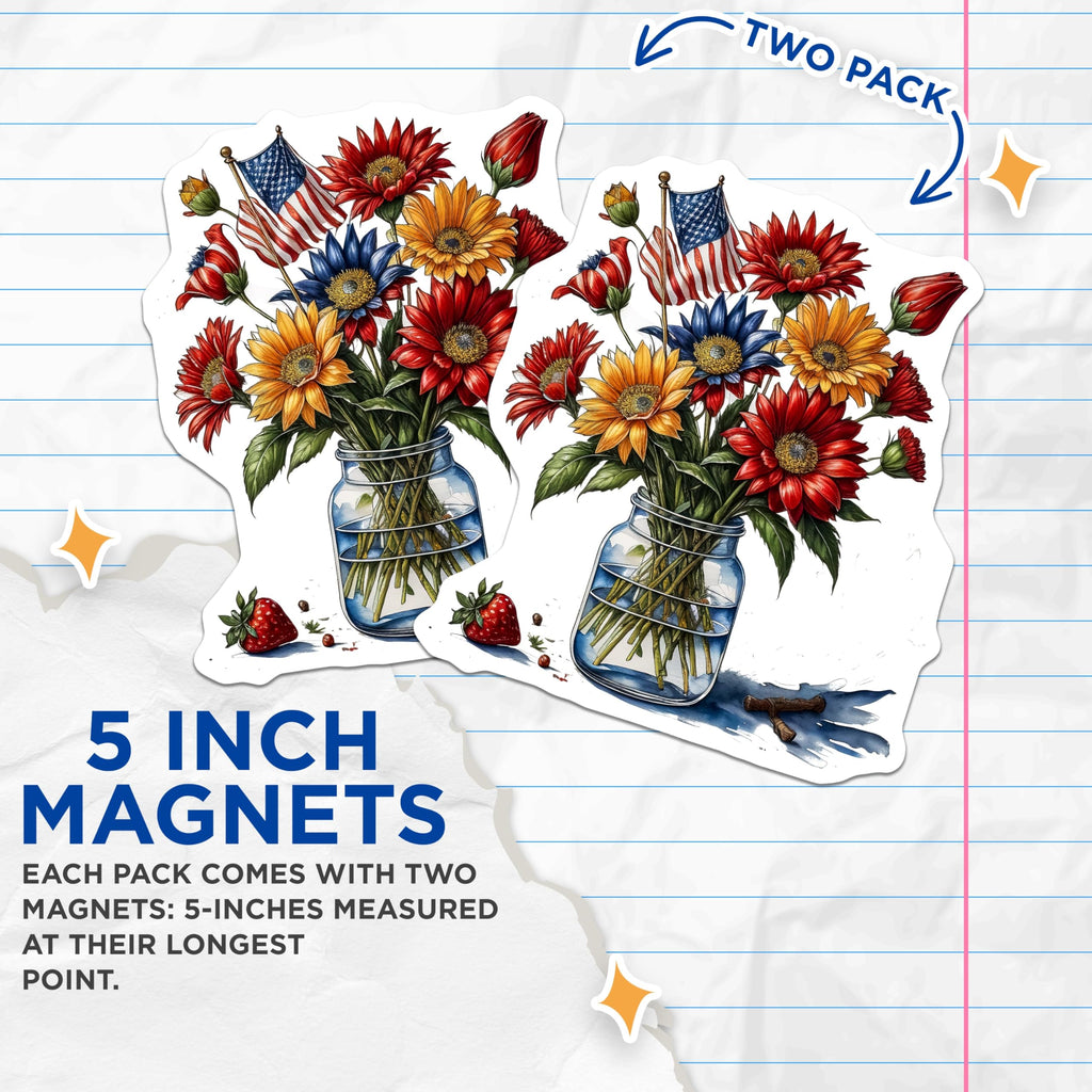 (2 Pack) Patriotic Flower Magnets - American Flag Floral Artwork - Red White Blue Magnet - 5" On Longest Side - Premium Magnet - for Cars, Refrigerators, Toolboxes, Lockers - Made in USA - MAG16330