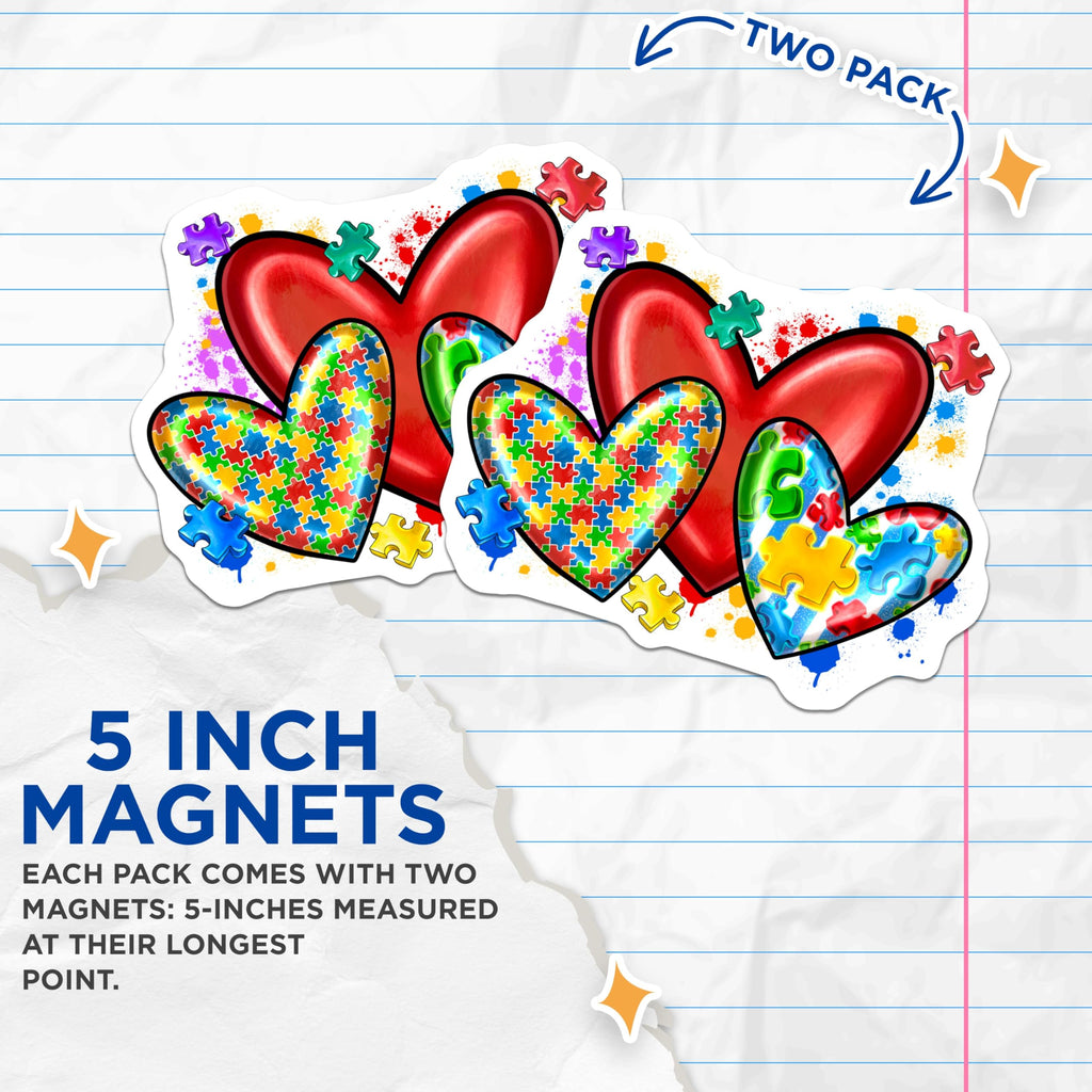 (2 Pack) Autism Awareness Magnets - Puzzle Piece Heart Neurodiversity Acceptance Symbol - Special Needs Support - 5 Inches On Longest Side - Thick Durable Magnet - Made in USA - MAG25924