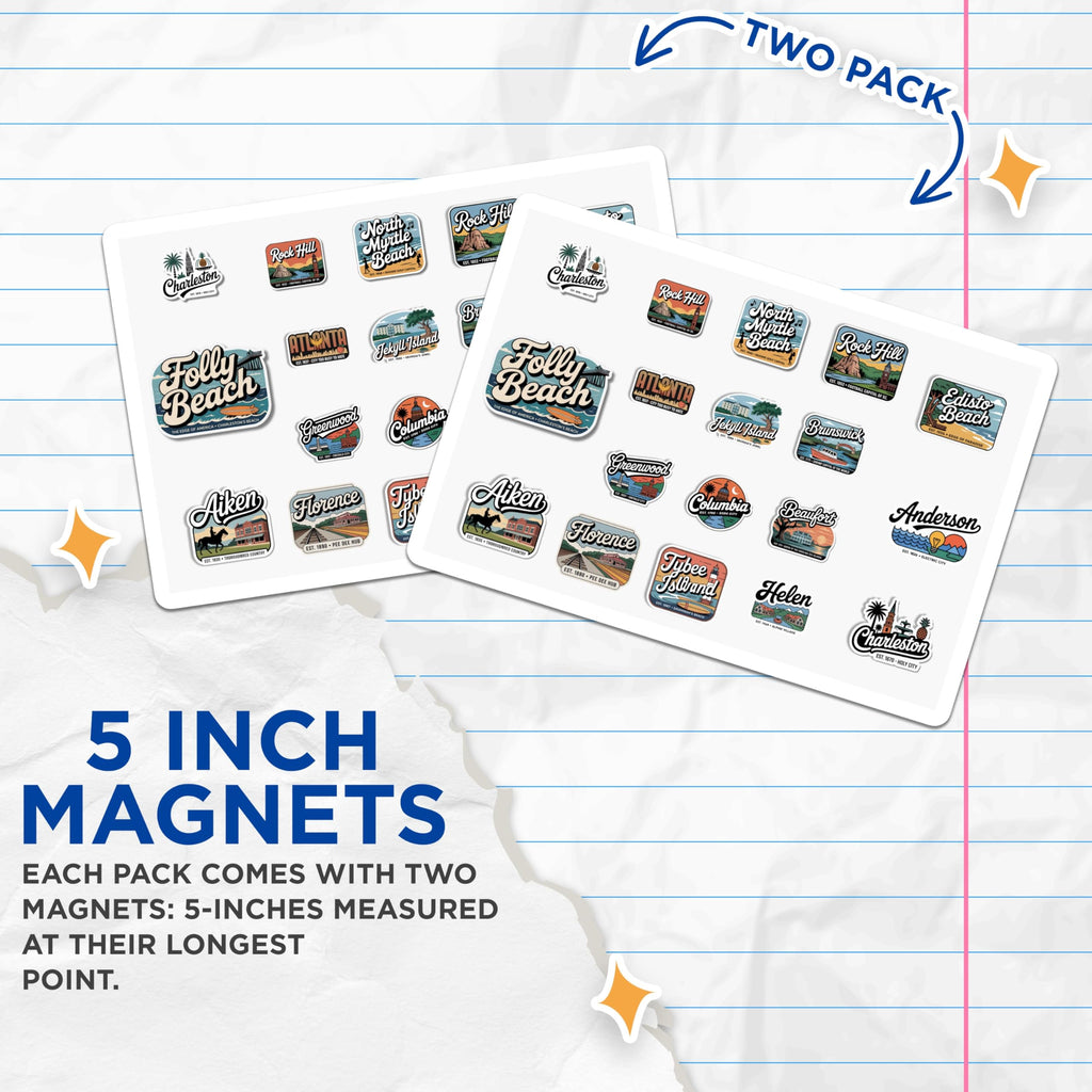 (2 Pack) City Travel Magnets - South Carolina Souvenir - Vacation Landmarks - 5" On Longest Side - Premium Magnet - for Cars, Refrigerators, Toolboxes, Lockers - Made in USA - MAG18662