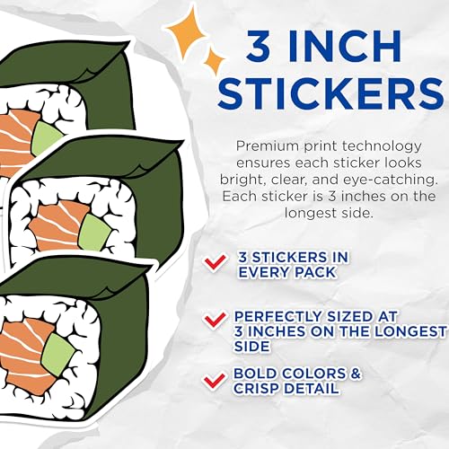(3 Pack) Sushi Decals - Japanese Food - Bento Box - Laptop Decals- 3 Inches On Longest Side - Easy Peel & Apply - Made in USA - 3MCS5018