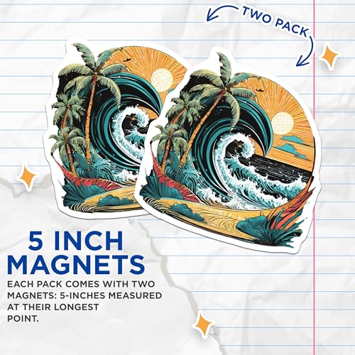(2 Pack) Tropical Wave Artwork Magnets Magnets - Coastal Ocean Scene - Beach Sunset View - 5" On Longest Side - Made in USA - Sticks to Refrigerators & Metal Surfaces - MAG9252