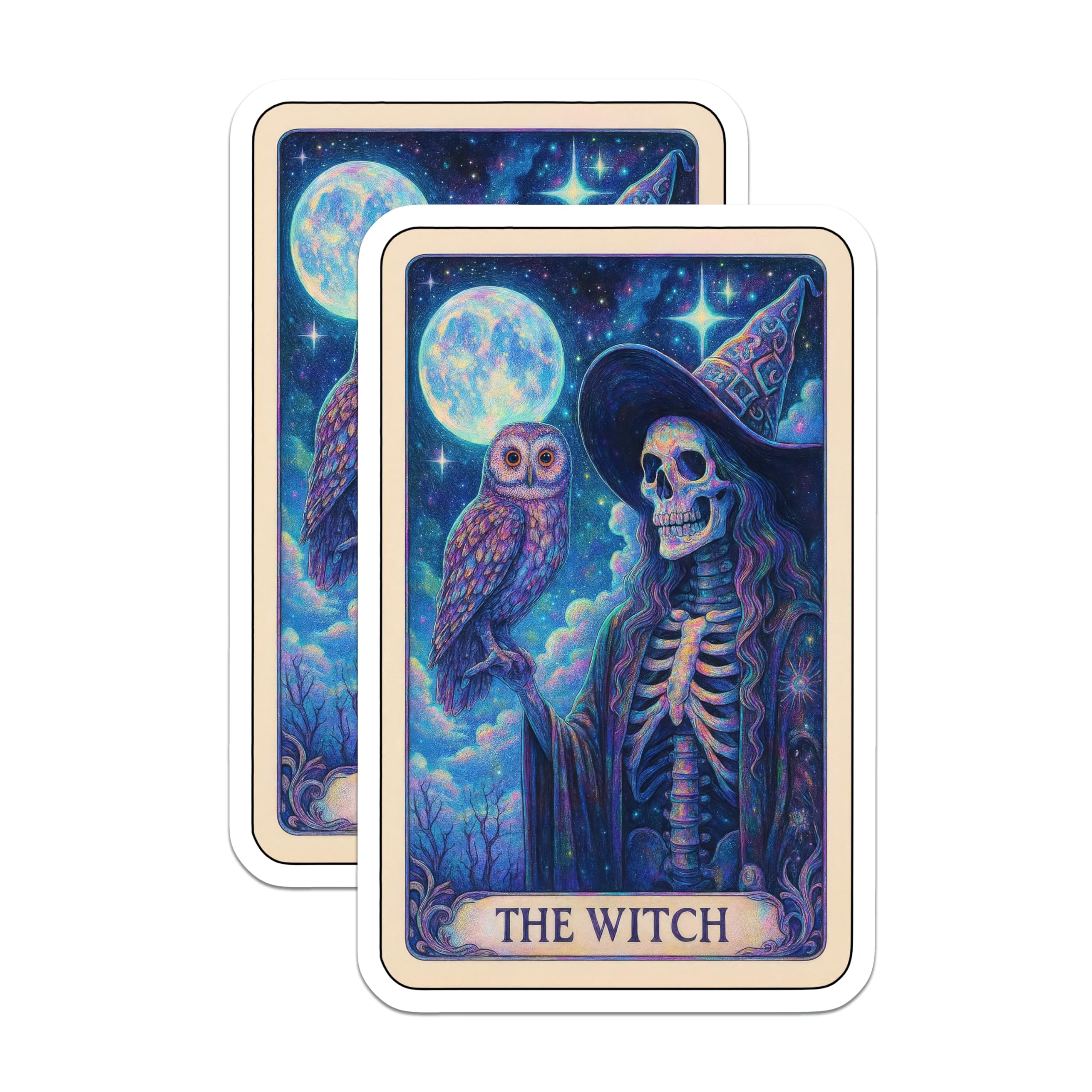 (2 Pack) Skeleton Witch Magnets - Mystical Owl Art - Celestial Full Moon Decor - 5 Inches On Longest Side - Thick Durable Magnet - Made in USA - MAG22926