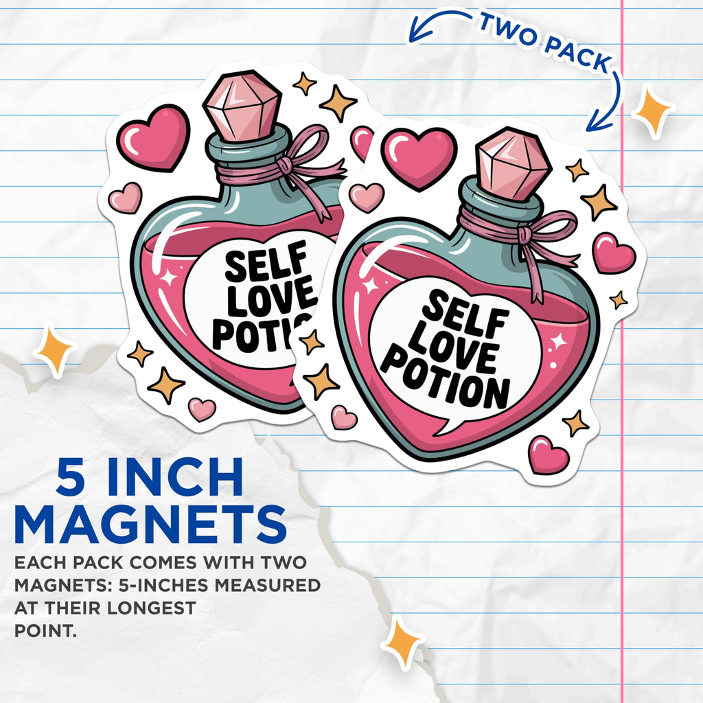 (2 Pack) Self Love Potion Magnets - Heart Shaped Bottle Decor - Inspirational Affirmation Art - Positive Vibes - 5 Inches On Longest Side - Thick Durable Magnet - Made in USA - MAG21884