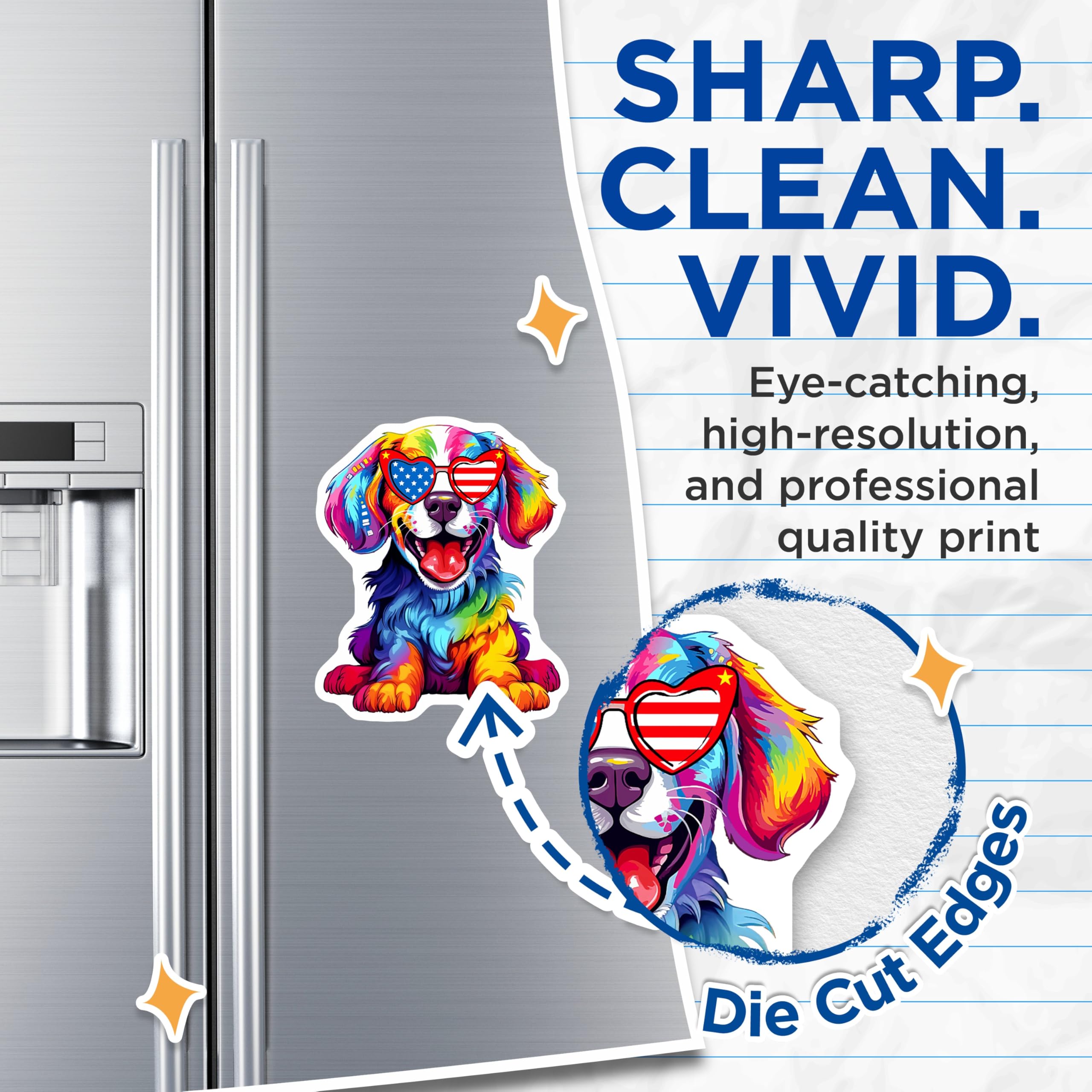 (2 Pack) Vibrant Patriotic Puppy Magnets - American Flag Heart Sunglasses Dog - Rainbow Pop Art Animal Decor for Fridge - 5 Inches On Longest Side - Thick Durable Magnet - Made in USA - MAG24234