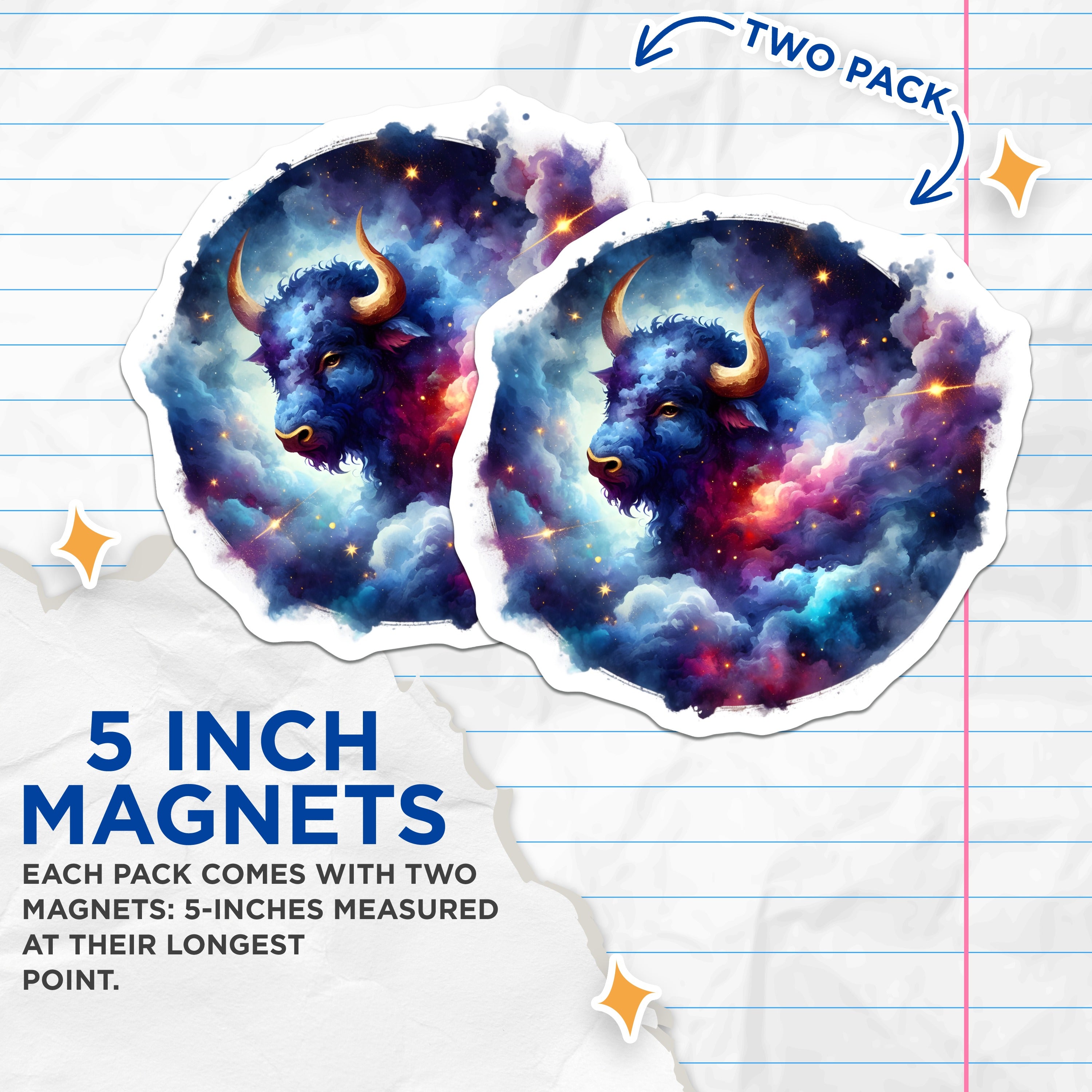 (2 Pack) Cosmic Bull Magnets - Taurus Zodiac Sign - Fantasy Galaxy Art Celestial Decor Fridge Accessory - 5 Inches On Longest Side - Thick Durable Magnet - Made in USA - MAG37234
