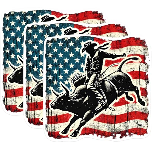 (3 Pack) Cowboy Bull Riding Decals - American Flag Art - Patriotic Rodeo Decal - 3 Inches On Longest Side - Easy Peel & Apply - Made in USA - 3MCS0945