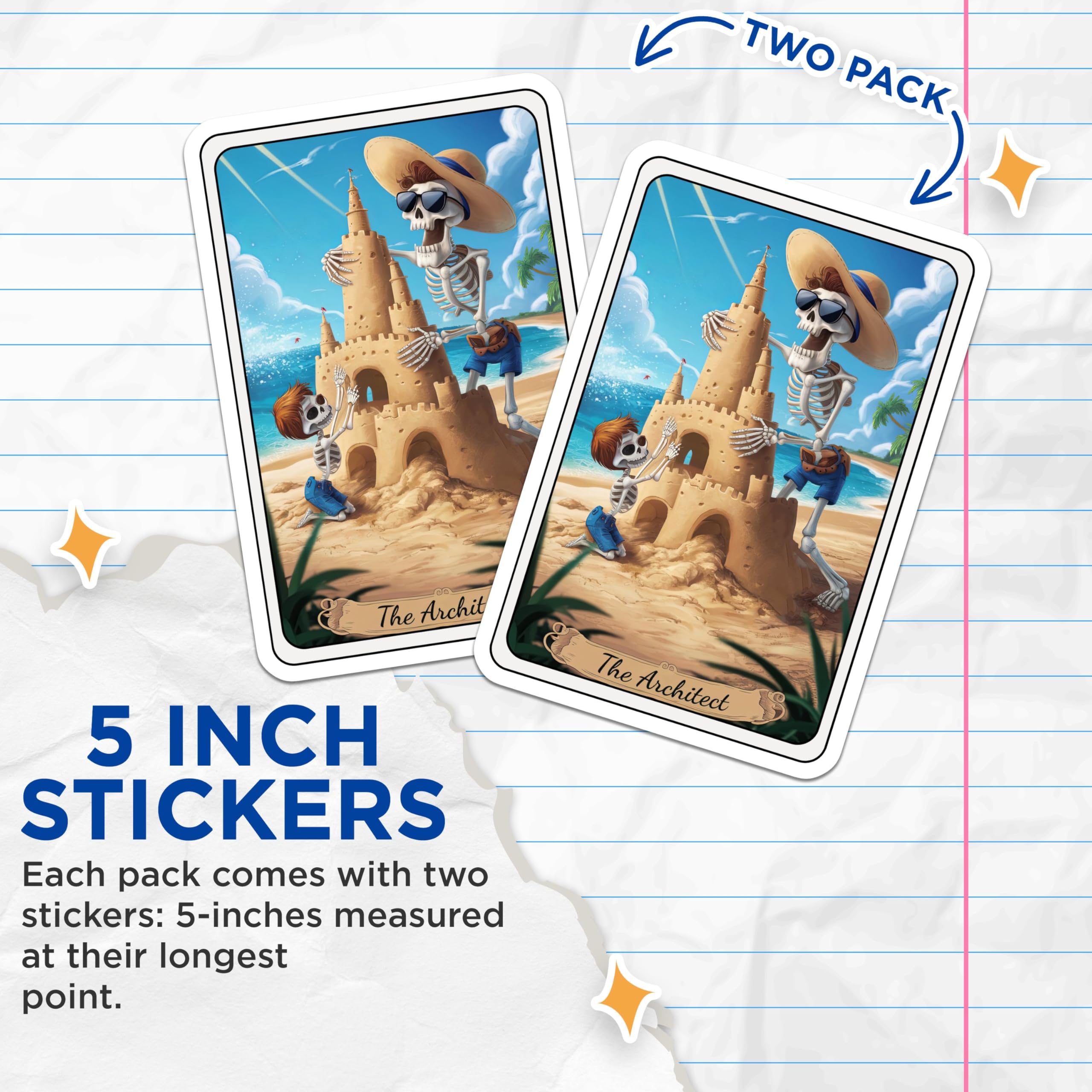 (2 Pack) Skeleton Sand Castle Stickers - Beach Skeleton Art - Summer Beach Theme Stickers - 5" On Longest Side - Sticks to Smooth Flat Surfaces - Made in USA - BMCS4441