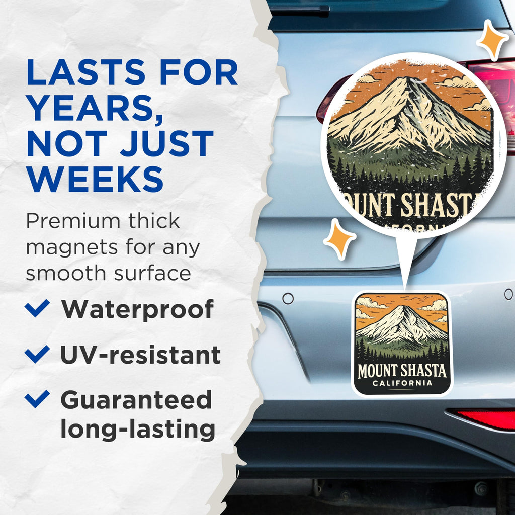(2 Pack) Mount Shasta Magnets - California Souvenir Decor - Mountain Landscape Art - Scenic Travel Keepsake - 5 Inches On Longest Side - Thick Durable Magnet - Made in USA - MAG20077