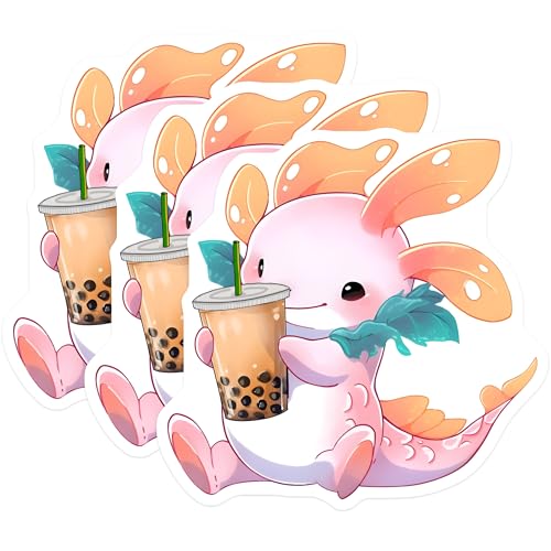 (3 Pack) Axolotl Boba Tea Decals - Cute Animal Stickers - Laptop Decals - 3 Inches On Longest Side - Easy Peel & Apply - Made in USA - 3MCS6554