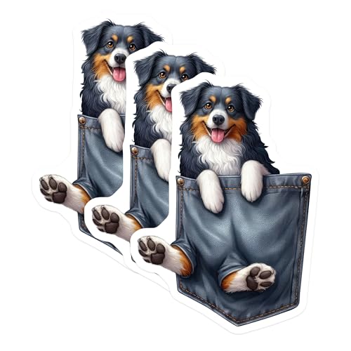 (3 Pack) Australian Shepherd Decals - Dog in Pocket Sticker - Cute Puppy Laptop Decal - 3 Inches On Longest Side - Easy Peel & Apply - Made in USA - 3MCS2590