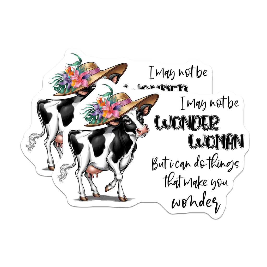 (2 Pack) Cow Wonder Woman Stickers - Inspirational Quote - Farm Animal - 5" On Longest Side - Sticks to Smooth Flat Surfaces - Made in USA - BMCS9812