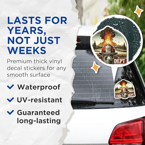 (2 Pack) Fire Department Stickers - Firefighter Helmet Artwork - Fire Station Decals - 5" On Longest Side - Sticks to Smooth Flat Surfaces - Made in USA - BMCS7052