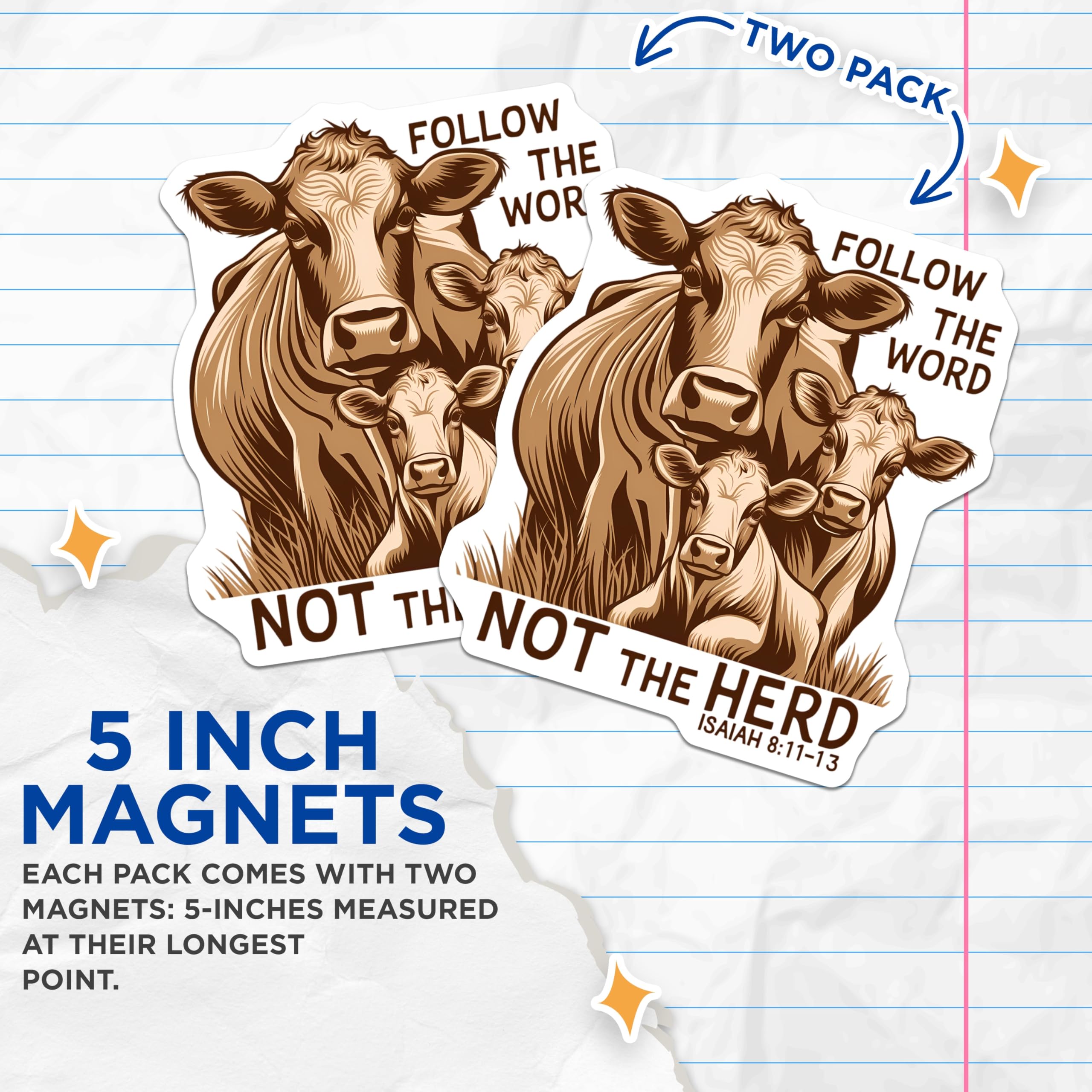 (2 Pack) Christian Faith Magnets - Follow The Word Not The Herd - Isaiah 8 11 13 Scripture Art - Religious Cow Kitchen Decor - 5 Inches On Longest Side - Thick Durable Magnet - Made in USA - MAG21760