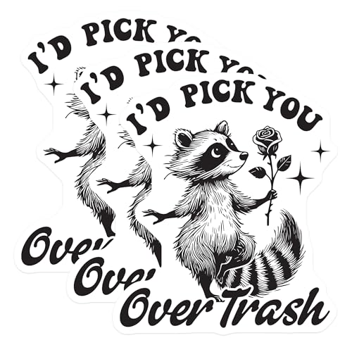 (3 Pack) Raccoon Decals - I'd Pick You - Over Trash Laptop Decal - 3 Inches On Longest Side - Easy Peel & Apply - Made in USA - 3MCS2281