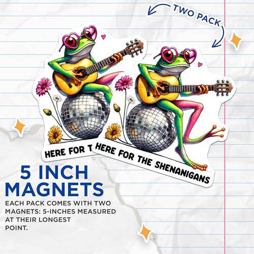 (2 Pack) Frog Playing Guitar Magnets - Here for The Sheigans - Whimsical Decor - 5" On Longest Side - for Cars, Fridges, Toolboxes - Made in USA - MAG7614