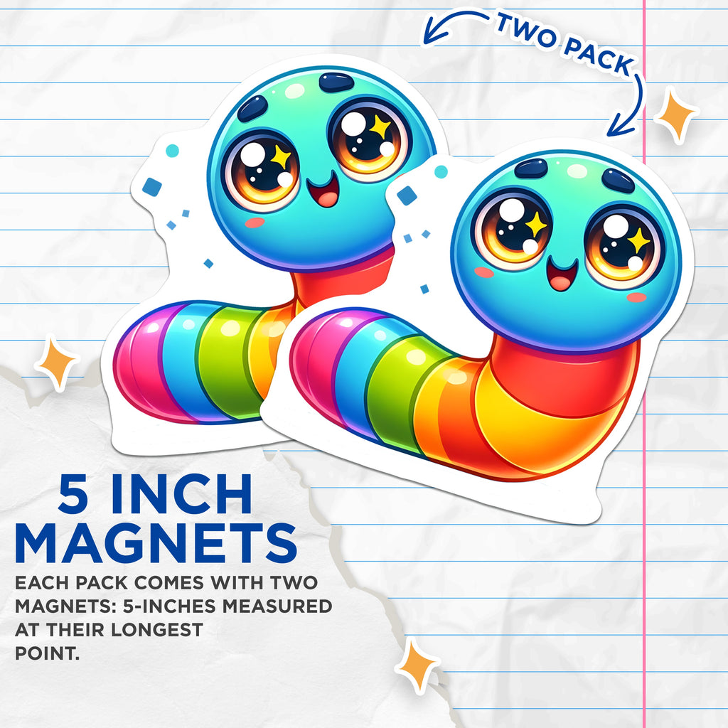 (2 Pack) Cute Rainbow Worm Magnets - Kawaii Aesthetic Fridge Decor - Cheerful Locker Accessories - Vibrant Cartoon Bug Magnet - Happy - 5" - Thick Durable Magnet - Made in USA - MAG39700